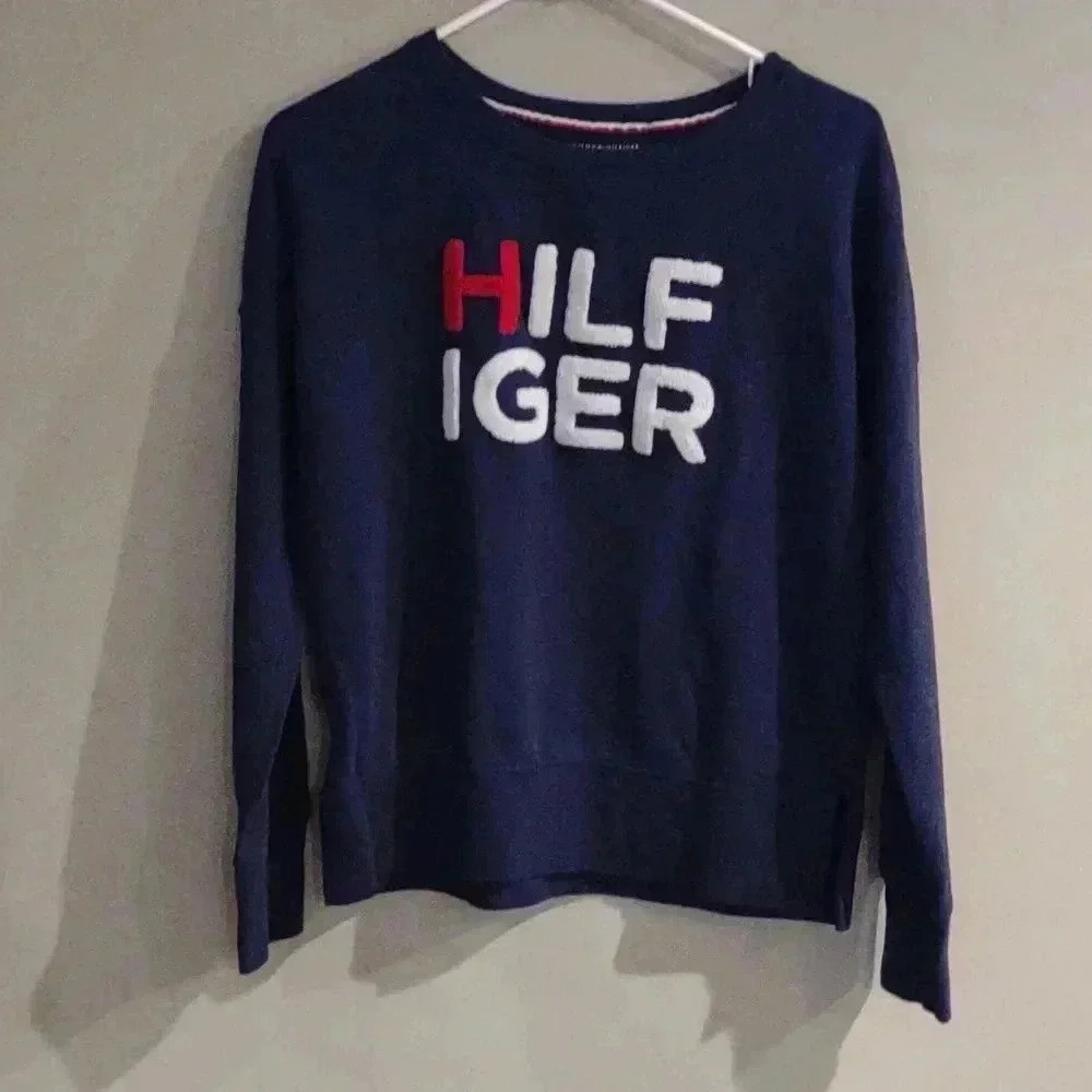 Tommy Hilfiger women's small navy crewneck with raised varsity lettering